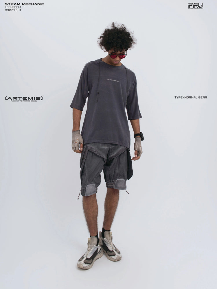 LIGHTSHADOW spirit deconstructed technical tee — full-length front view looking down with arms lowered