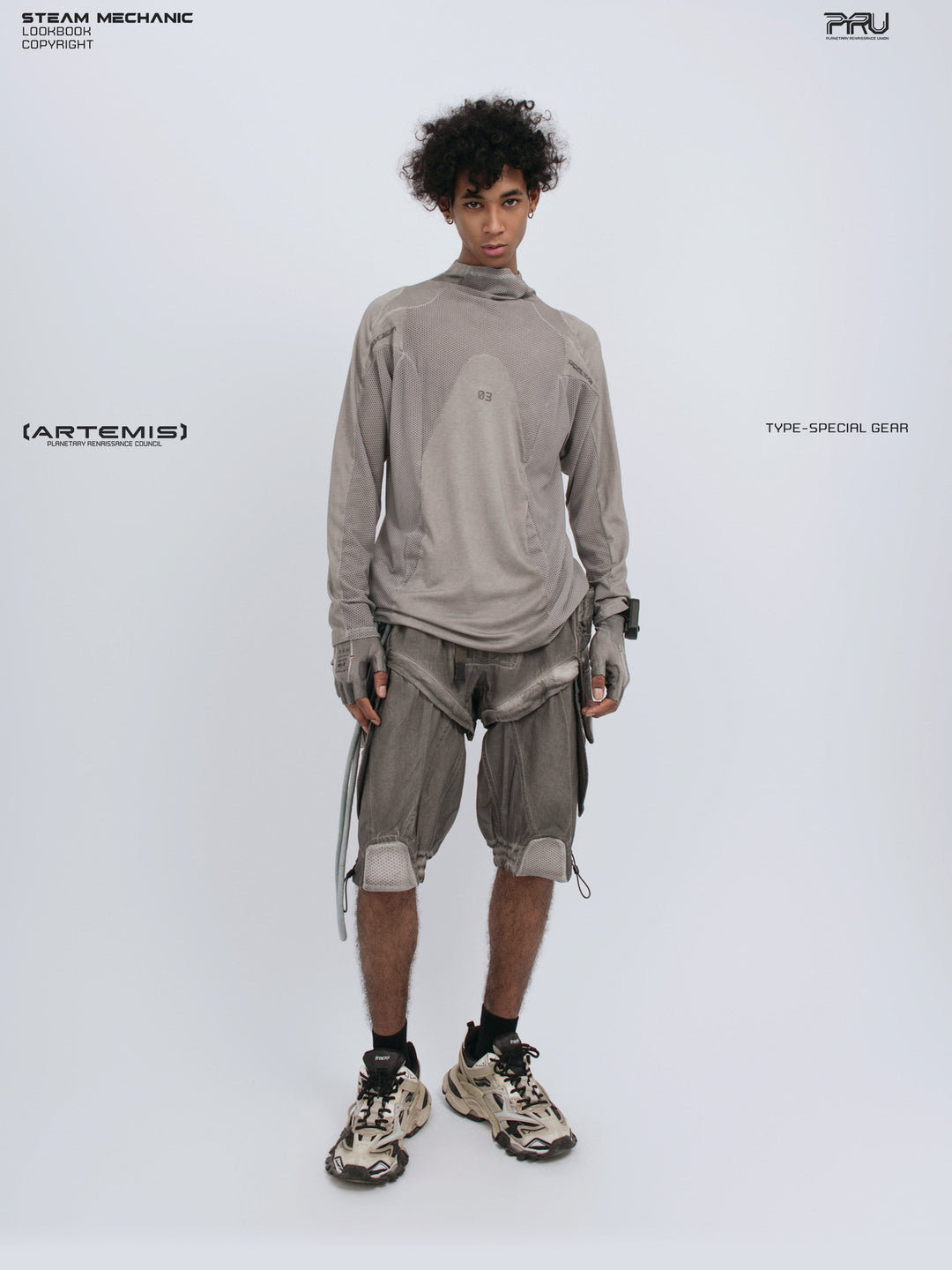 STARCORE mesh-panel long-sleeve top in dusk cloud gray — full-length front modeled view