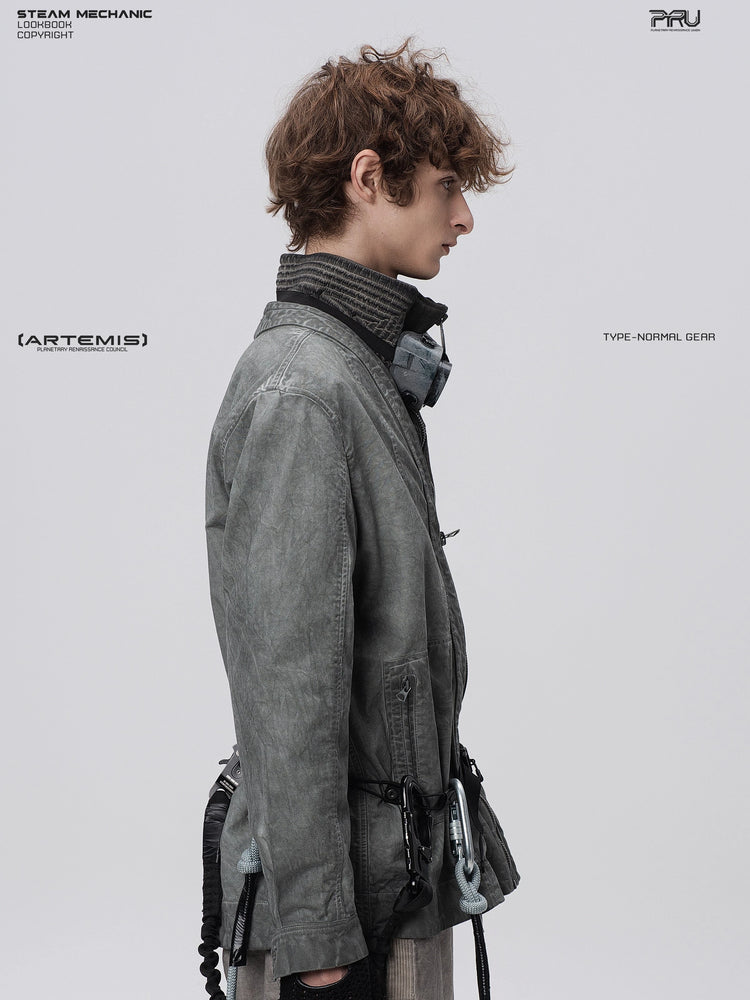 GAIA meteor gray open-collar technical robe — side profile modeled view facing right