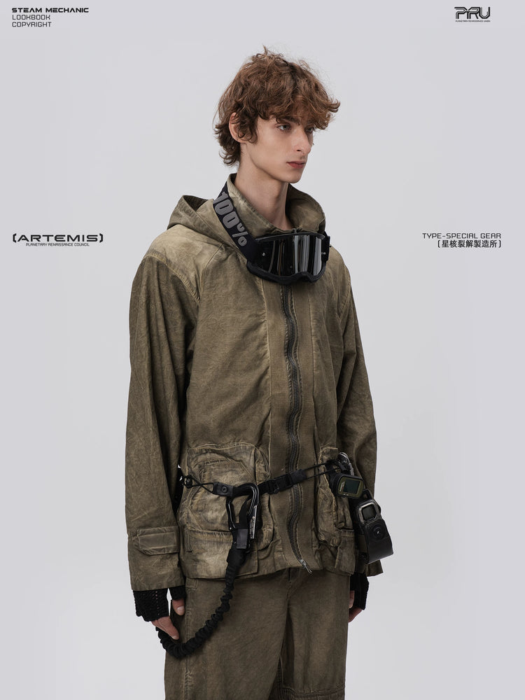 STARCORE lunar soil green distressed work jacket — full-length styled view