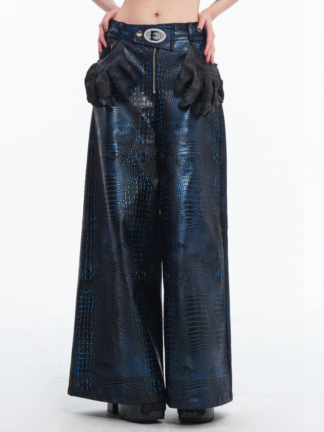 EMBRYO CLAW ARMOR crocodile-effect wide-leg pants — front garment-only view