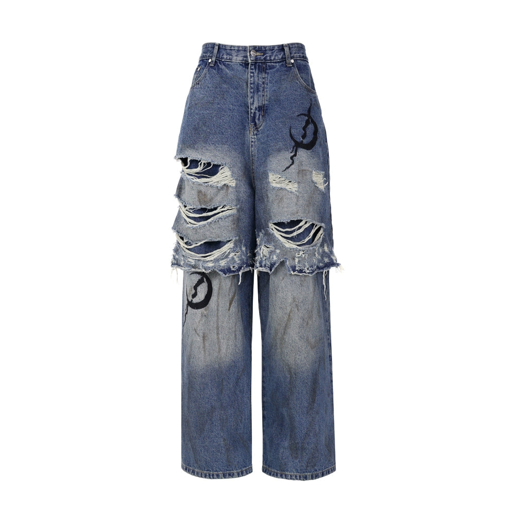 ELECTRIC MOON Double-Layer Distressed Denim Loose Jeans