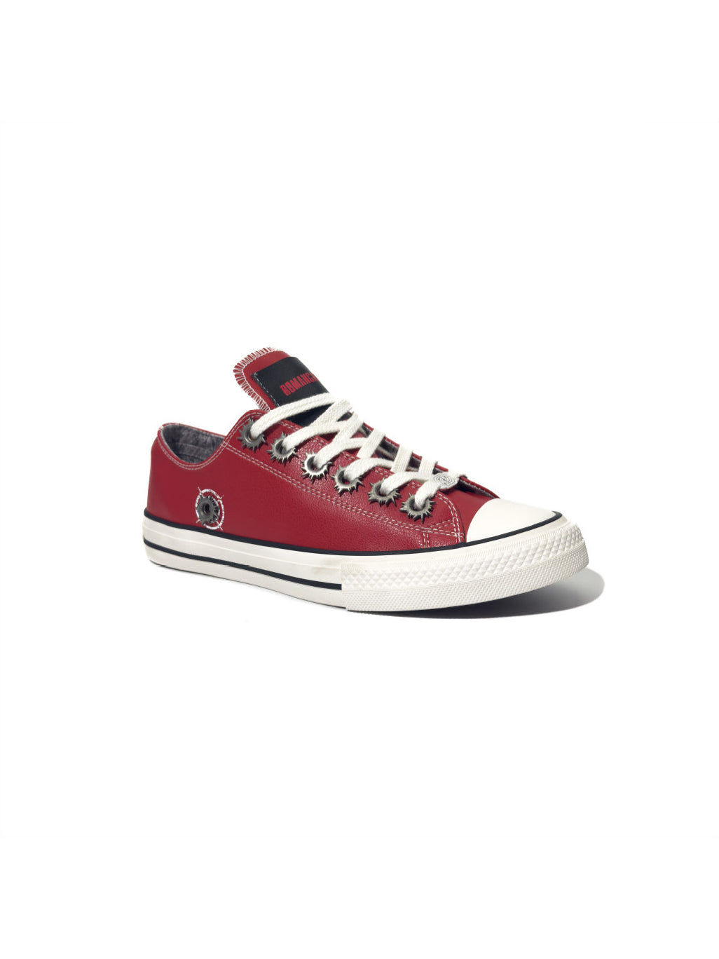 ROMAN CATCHER POWSTAR sneaker in red — three-quarter product view showing the white toe cap, metal eyelets and side hardware.