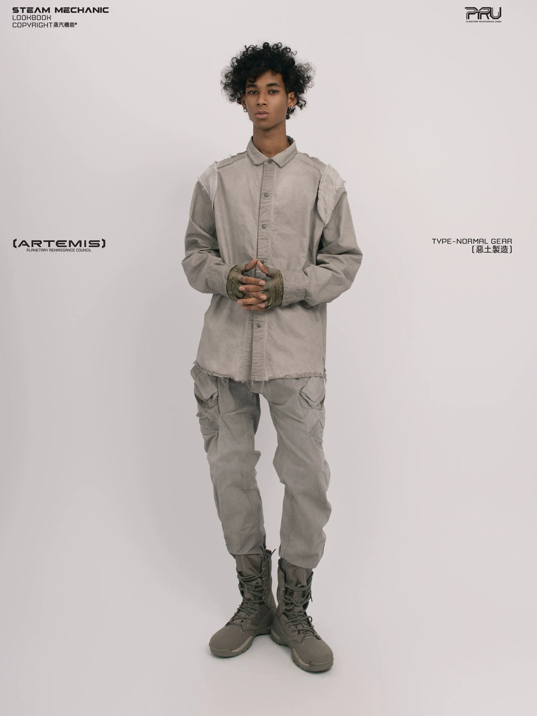 CHAOS ERA nightfall gray raw-edge technical shirt — side modeled view