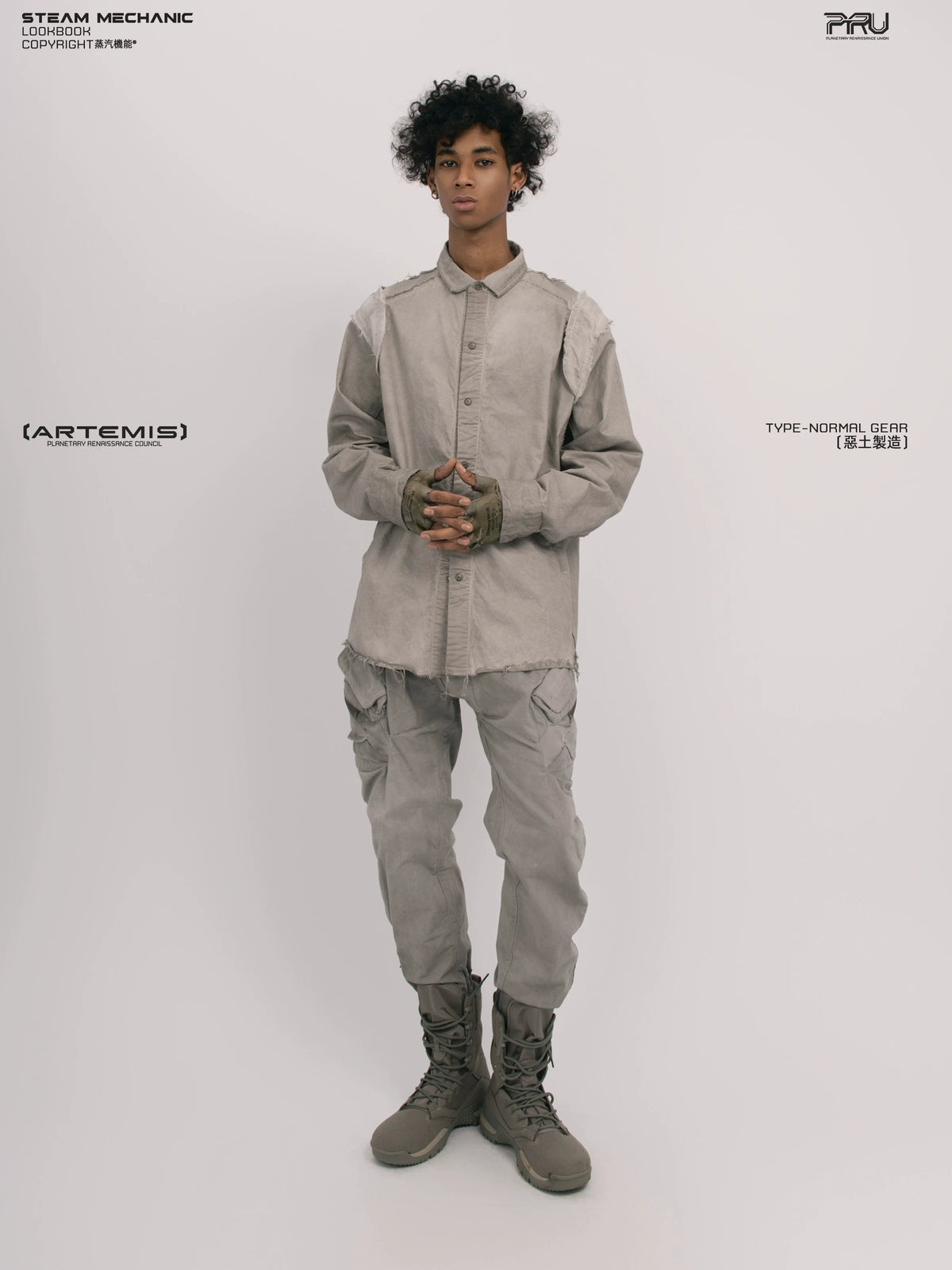 CHAOS ERA nightfall gray raw-edge technical shirt — side modeled view