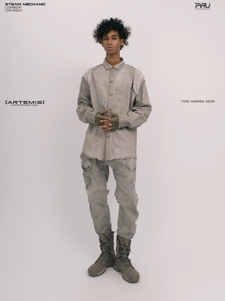 CHAOS ERA nightfall gray raw-edge technical shirt — full-length front modeled view with clasped hands