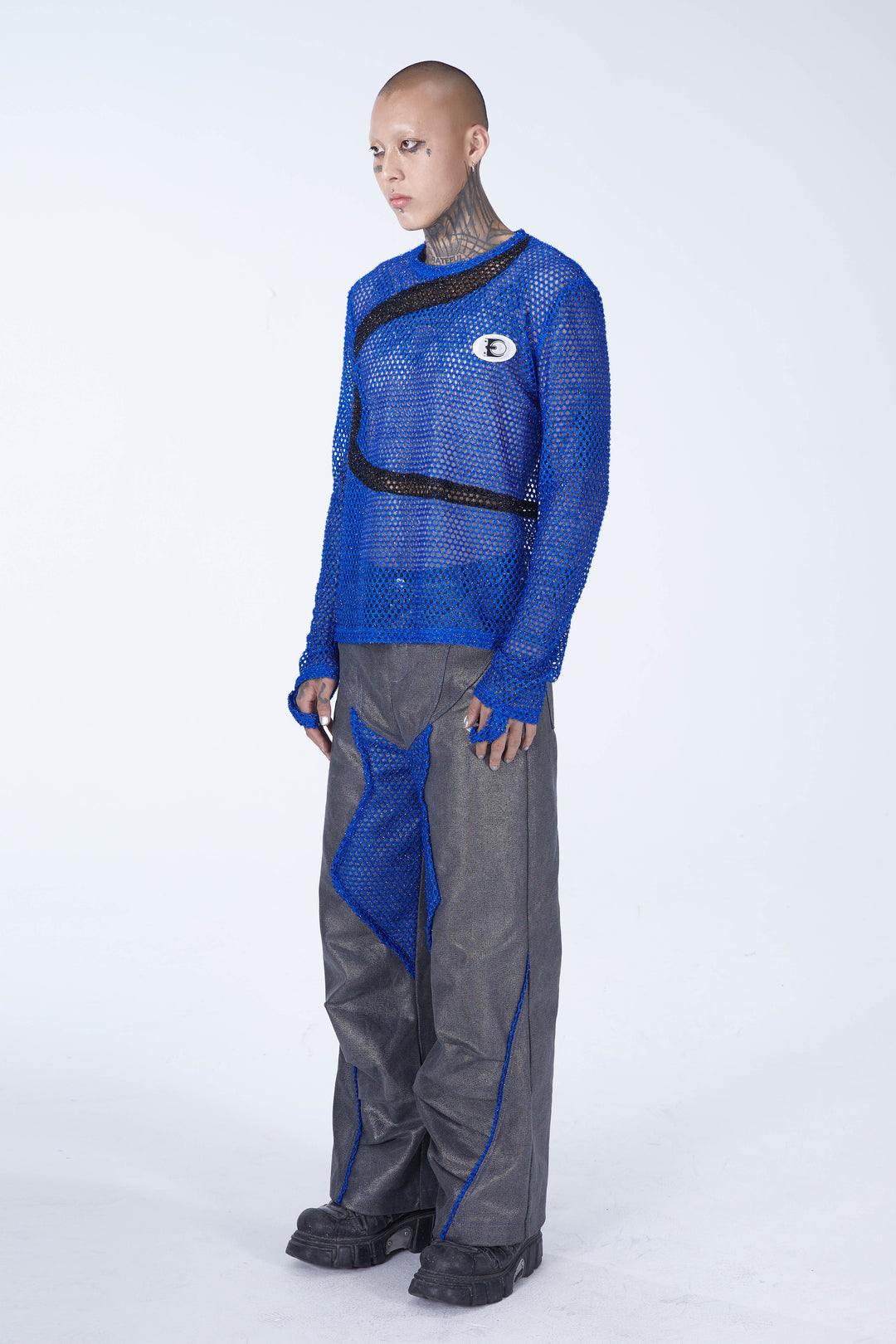 EMBRYO BLUE VOID cutout mesh finger-sleeve top — full-length modeled styling view