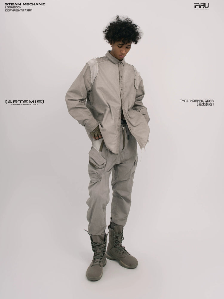 CHAOS ERA nightfall gray raw-edge technical shirt — material and silhouette detail