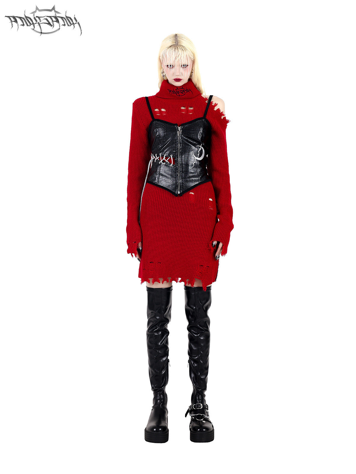 PINKSPINK RIFT embroidered cutout sweater dress — modeled front styling view
