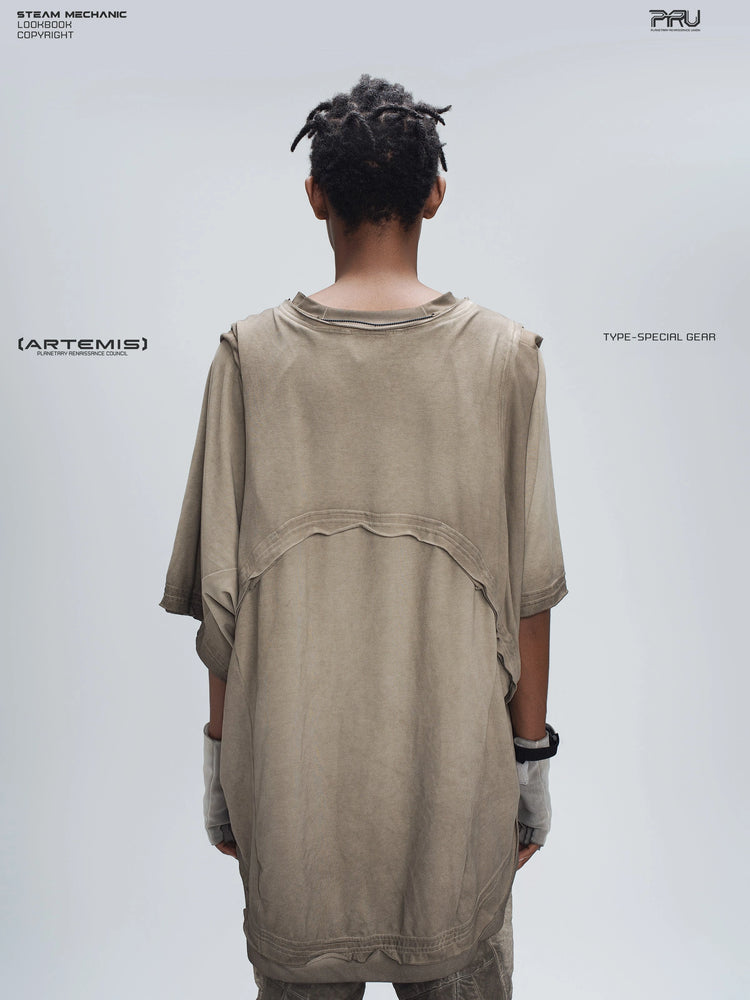 SUPERNOVA mercury brown convertible drawstring technical tee — rear modeled view showing the curved back panel
