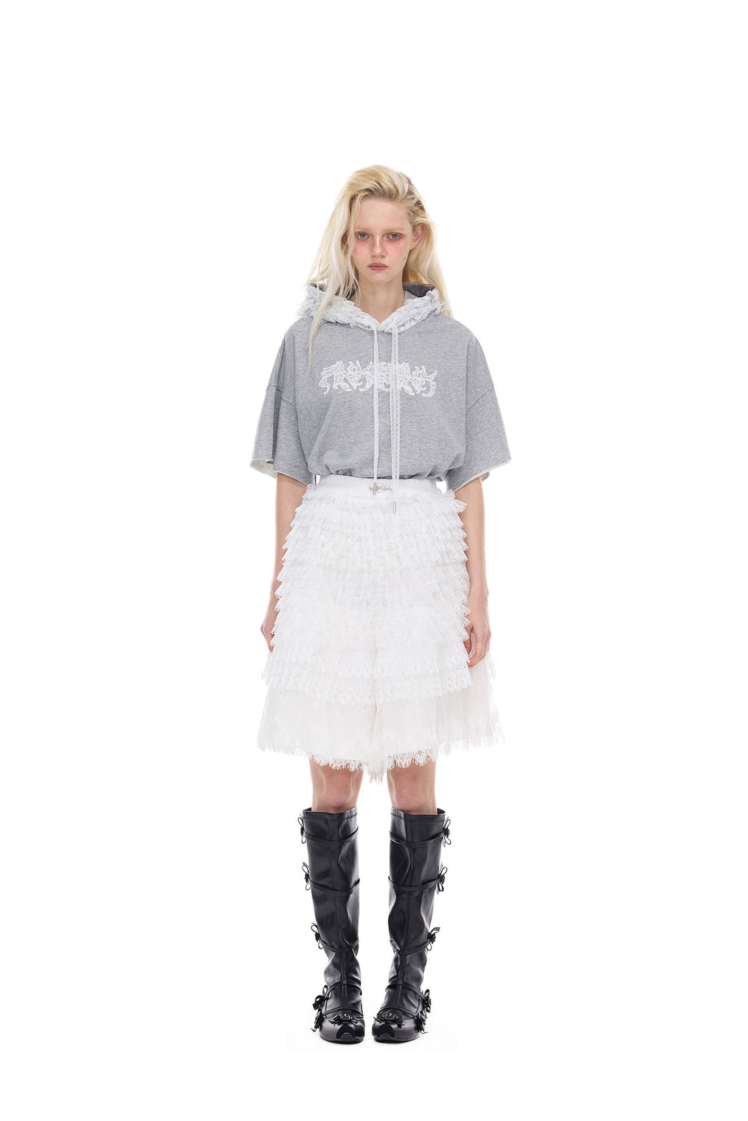 PINKSPINK PUNK BALLET lace-back hooded tee — modeled front styling view