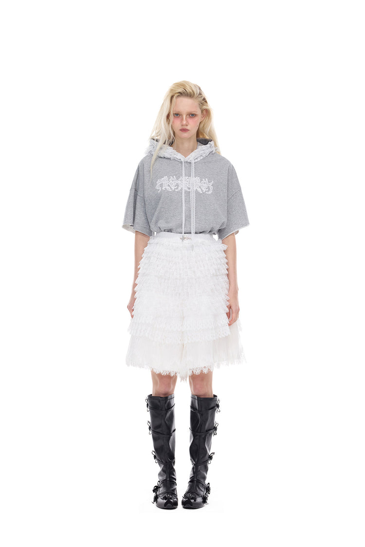 PINKSPINK PUNK BALLET lace-back hooded tee — modeled front styling view