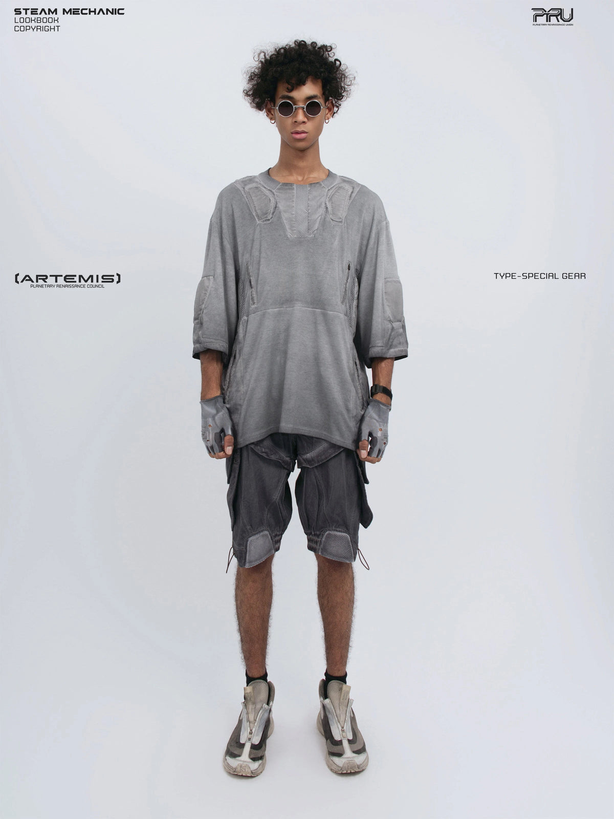 STARCORE moon dust gray distressed mesh tee — full-length front modeled view with both hands down