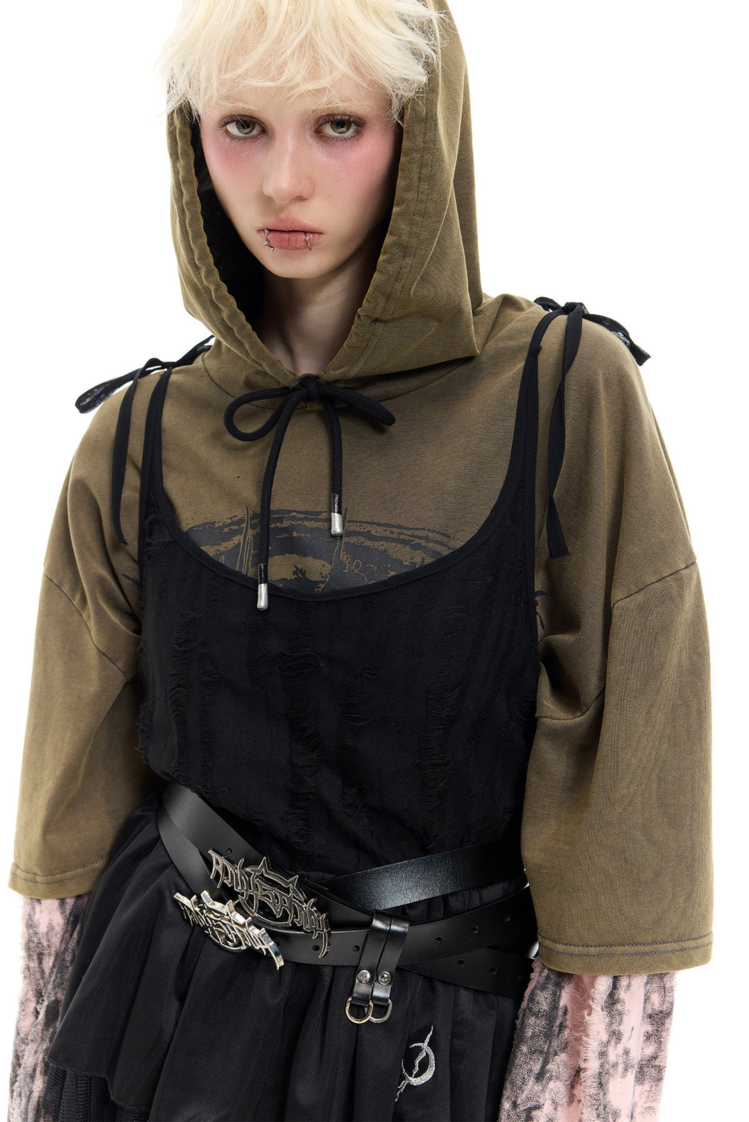 PINKSPINK ELECTRIC MOON two-way layered lace mini dress — black dress over olive hooded tee — bodice detail