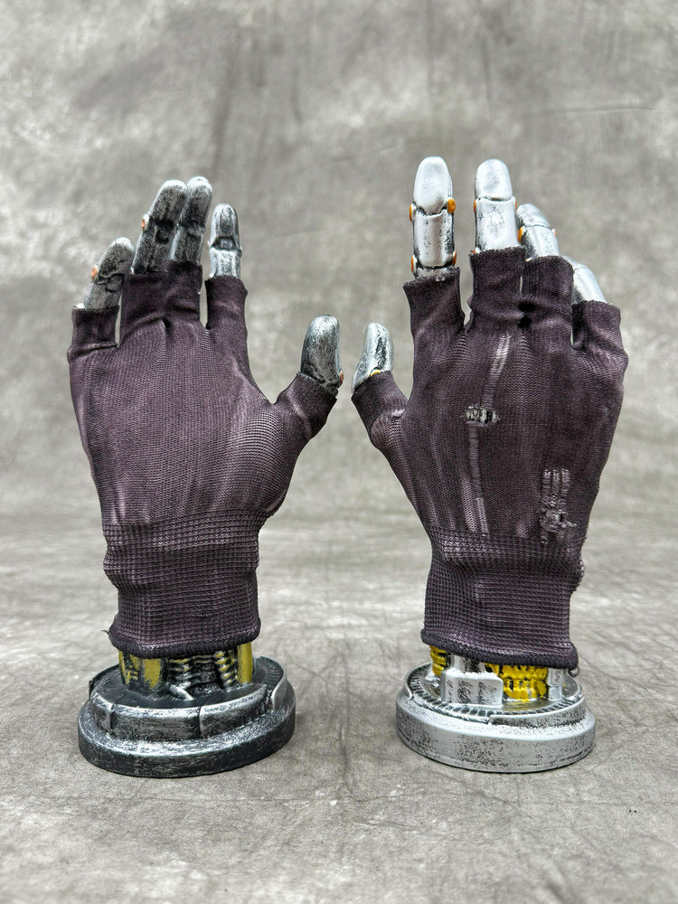 PRECISION CASTING distressed fingerless gloves in dust purple, NO GLUE — uncoated palm and distressed back views on display hands