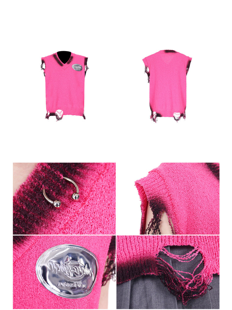 PINKSPINK REBEL distressed ring-detail knit vest in pink — front and back garment comparison with close-ups of the ring, shoulder, badge and distressed hem