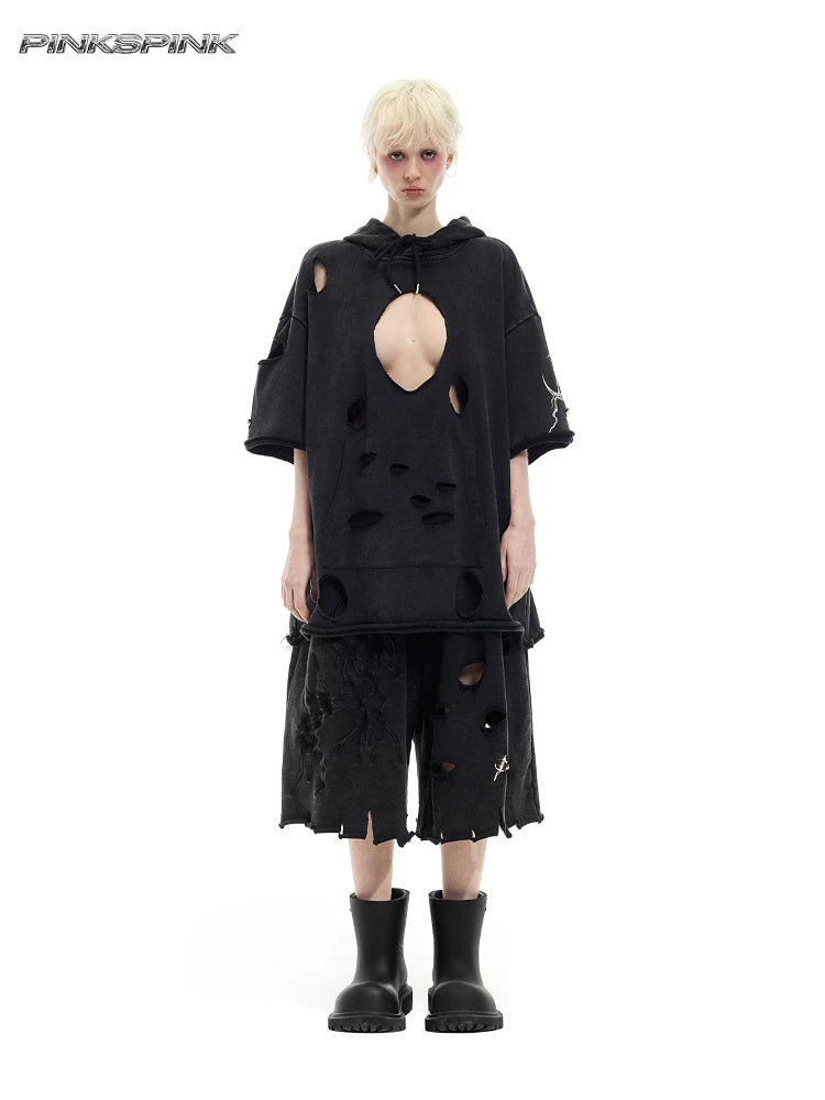 PINKSPINK ELECTRIC MOON distressed embroidered wide-leg shorts — black — front modeled view with cutout hooded tee