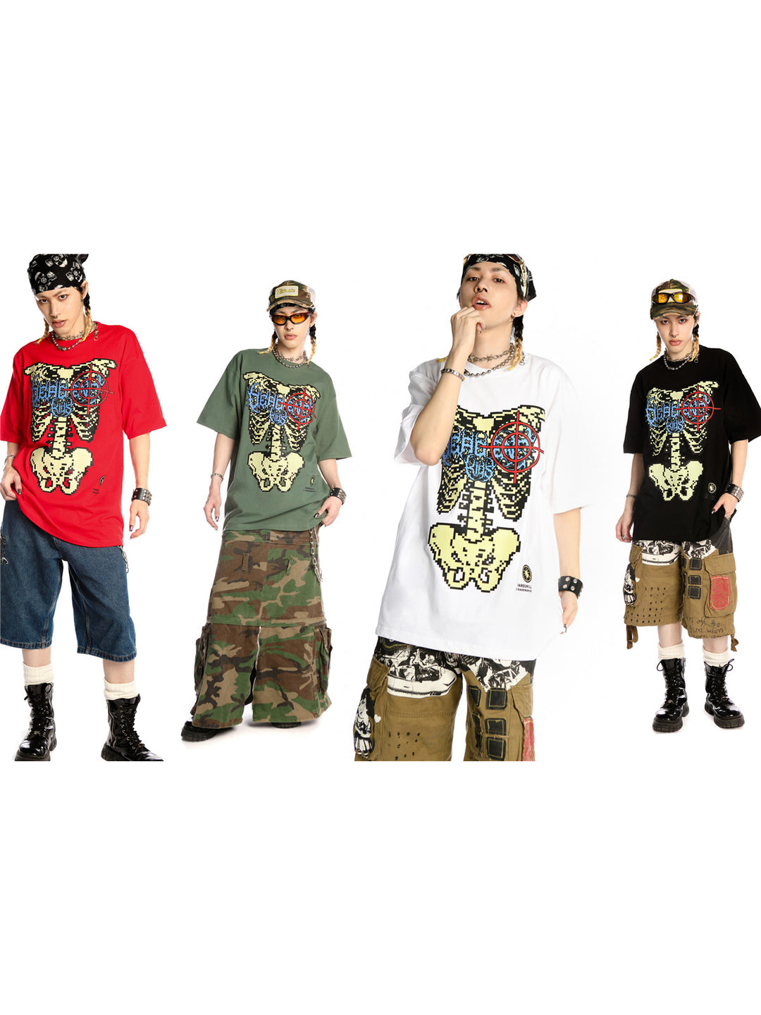 DEADENDKIDS SKELETON RIOT oversized graphic tee — full-length modeled view