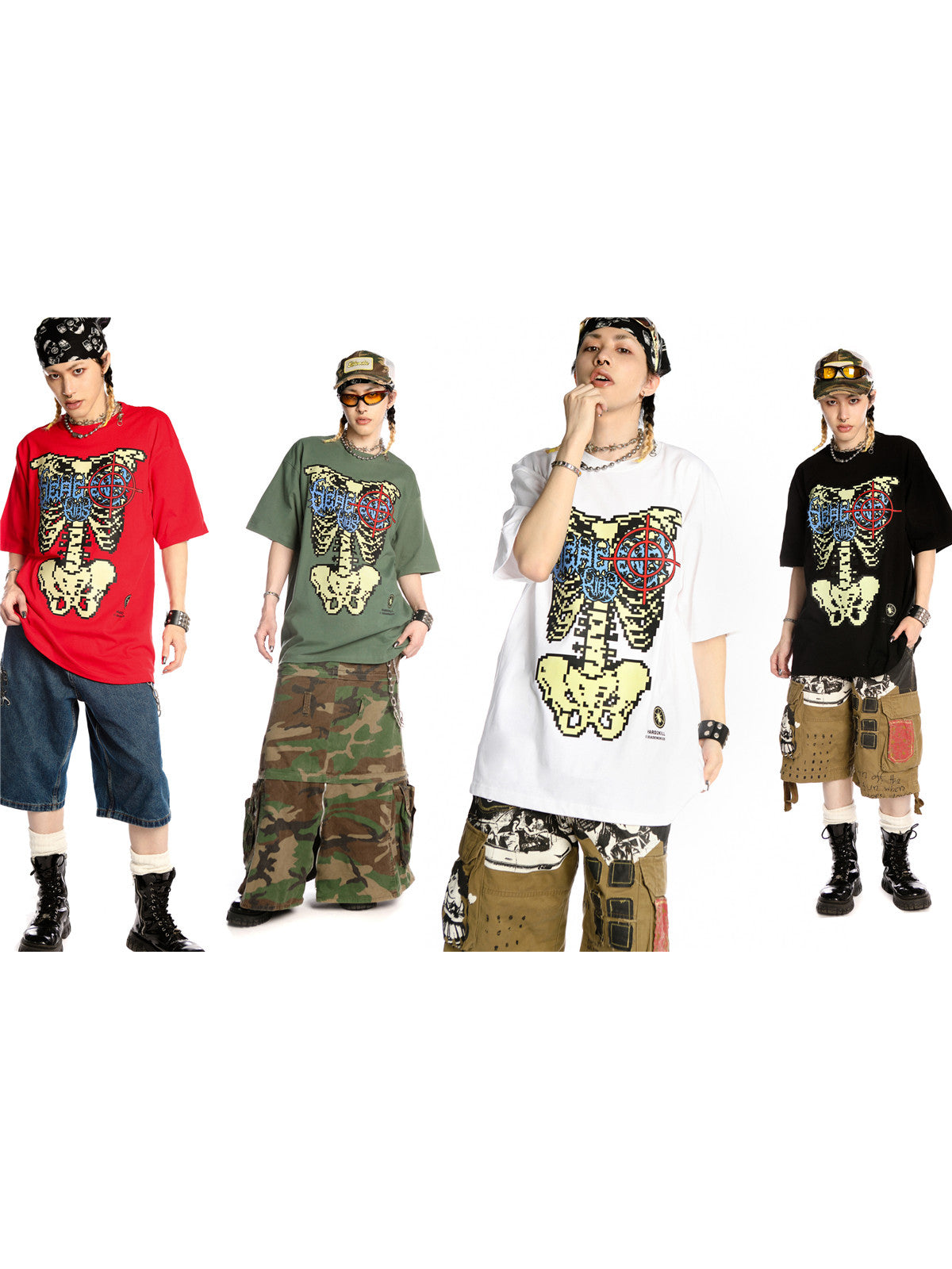 DEADENDKIDS SKELETON RIOT oversized graphic tee — full-length modeled view