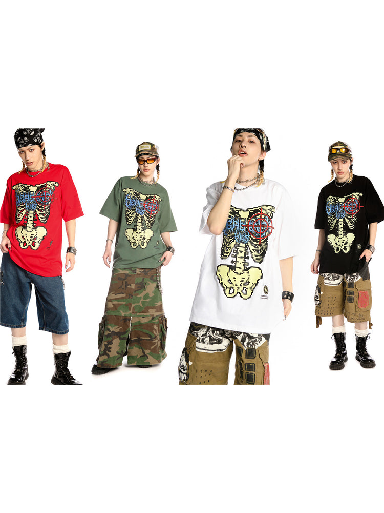 DEADENDKIDS SKELETON RIOT oversized graphic tee — full-length modeled view