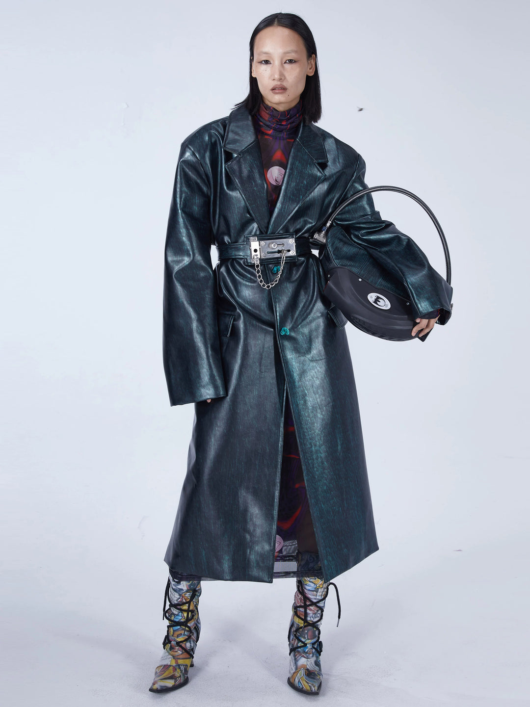 EMBRYO MATRIX buckle PU leather trench coat — full-length front modeled view