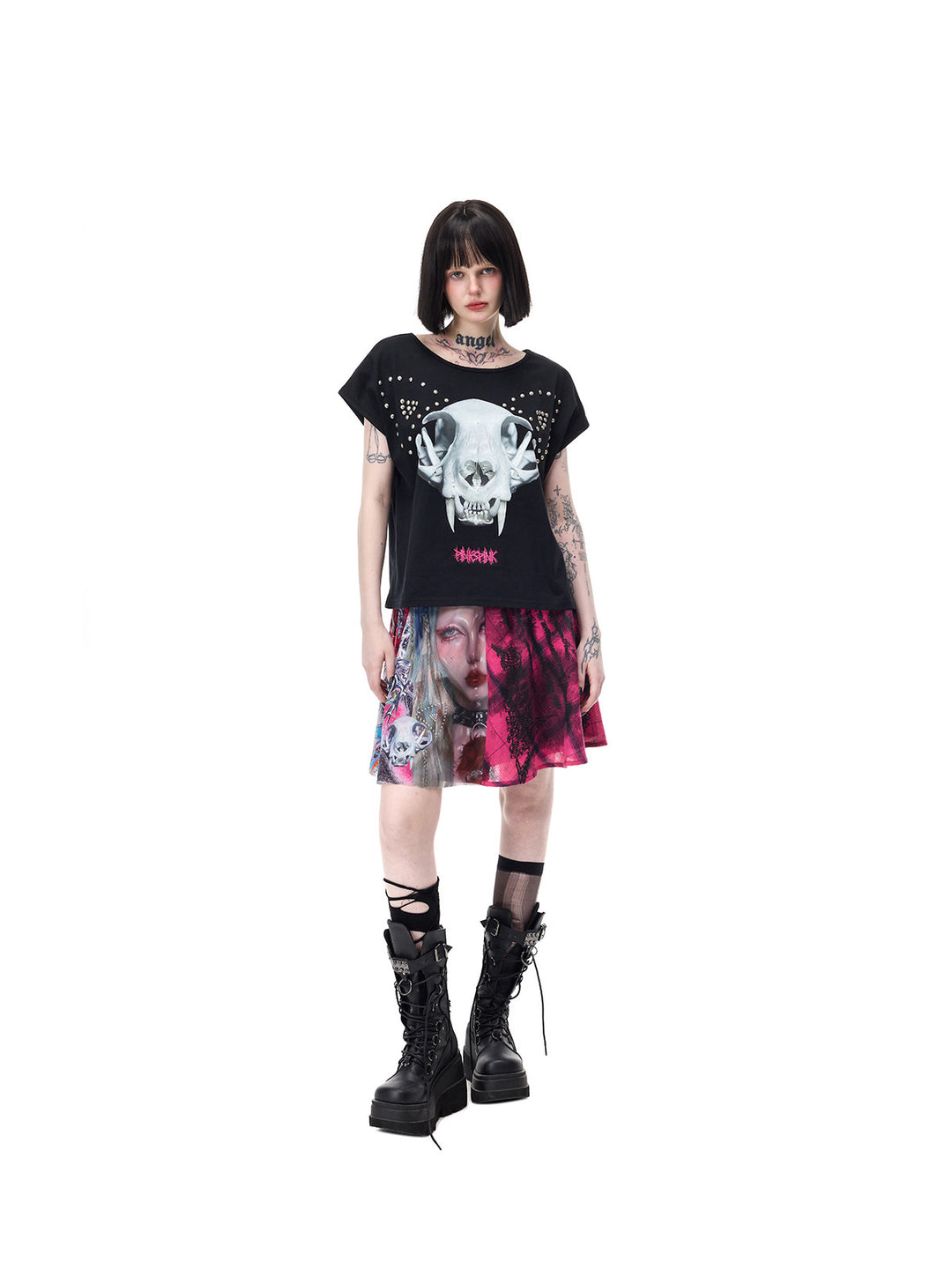PINKSPINK CATACOMB reversible cat-skull tee in black — angled full-length cat-skull face styled with a separate graphic mini skirt