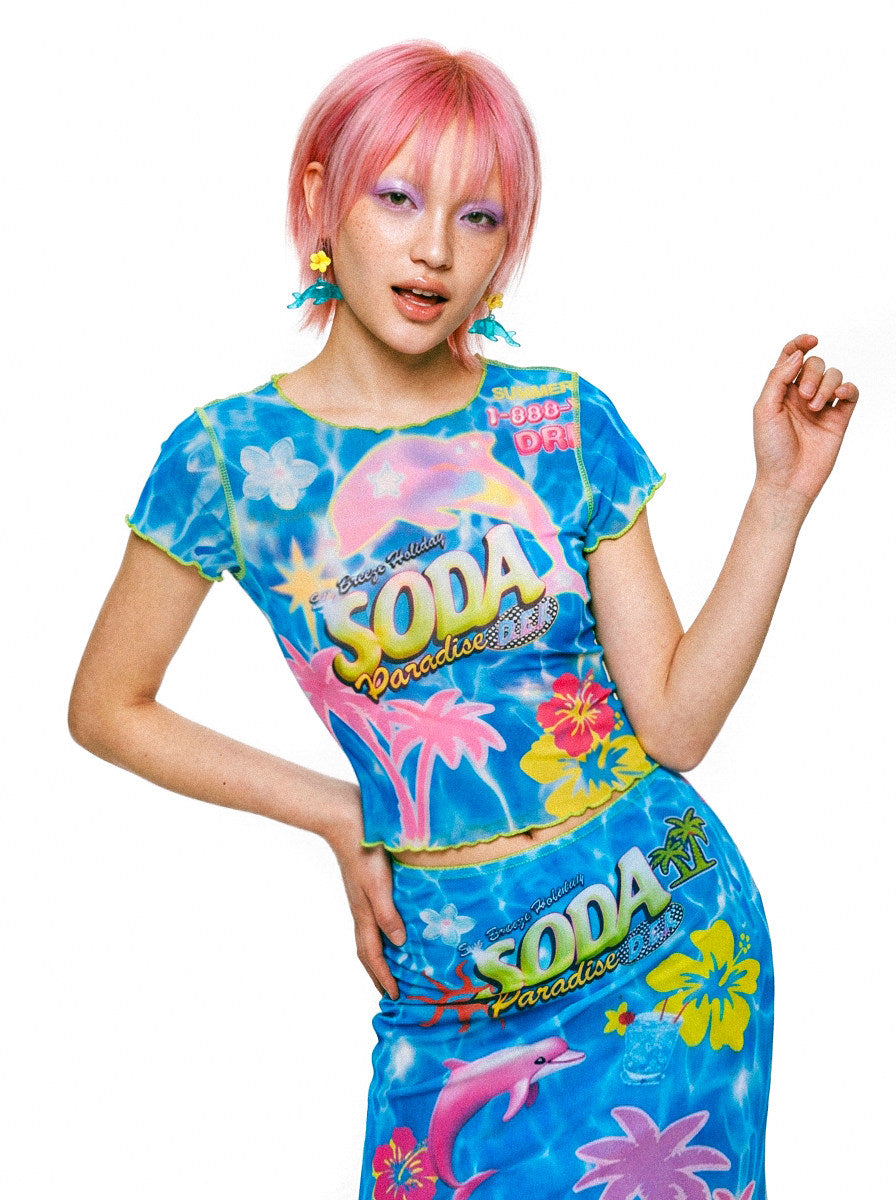 DEADENDKIDS SODA PARADISE mesh top & fishtail skirt — rear or construction presentation