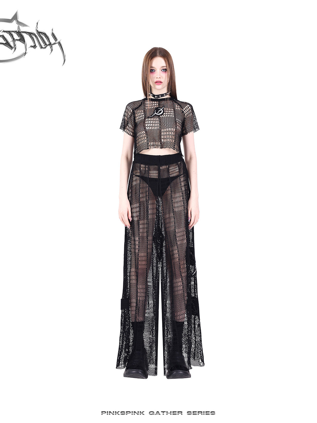 PINKSPINK GEOMETRY open-mesh crop tee in black — straight front full-length modeled view with sheer mesh pants