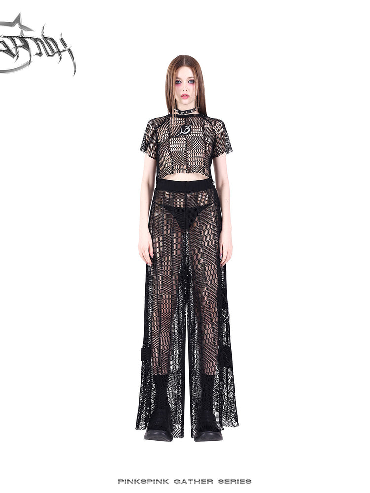 PINKSPINK GEOMETRY open-mesh crop tee in black — straight front full-length modeled view with sheer mesh pants