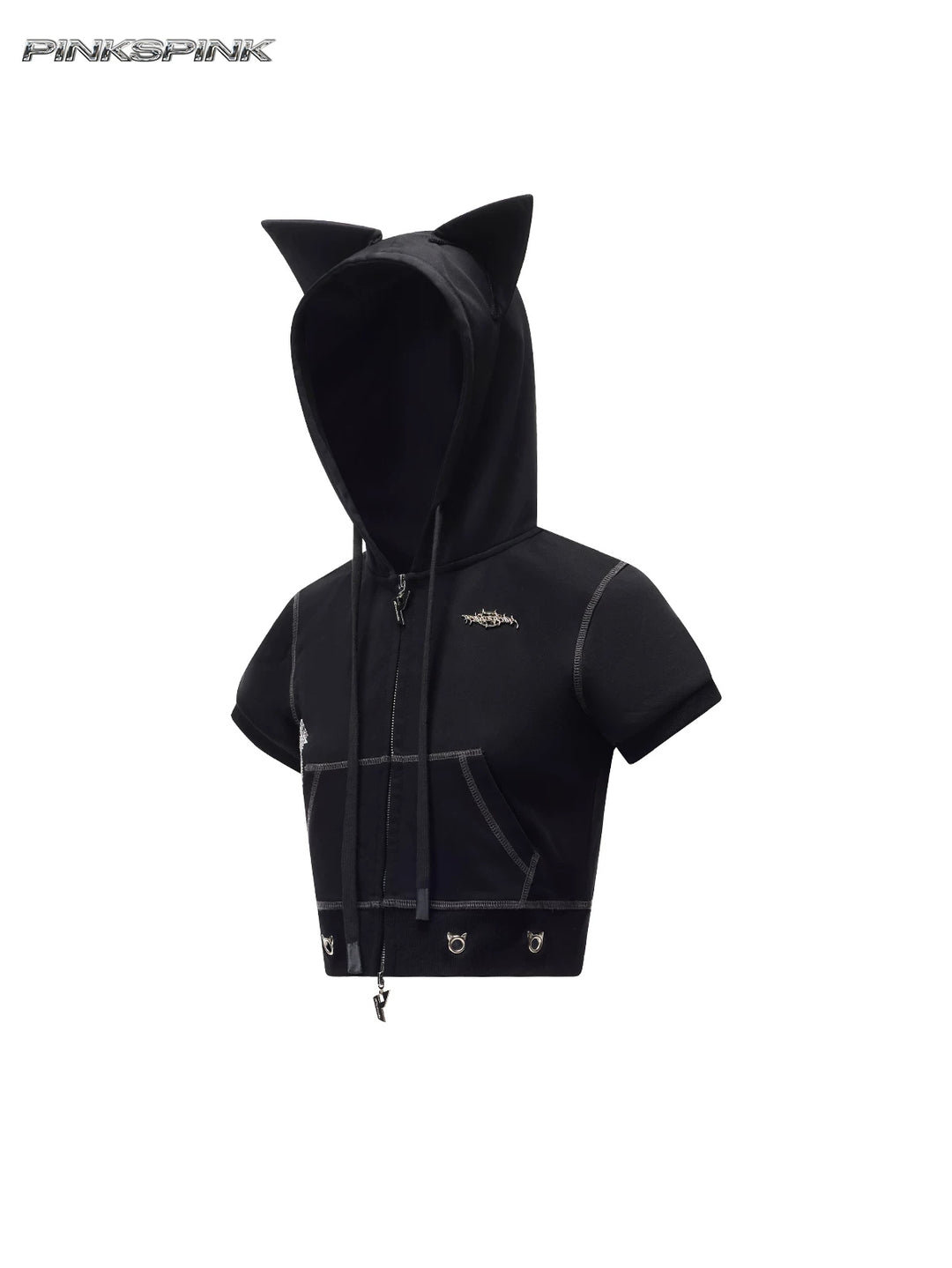 PINKSPINK CATPAW cropped cat-ear zip hoodie in black — garment-only angled front view showing the cat-ear hood and zipper