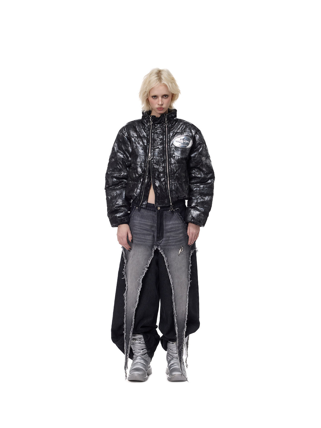 PINKSPINK ELECTRIC MOON reconstructed wide-leg jeans — front full-length styling with silver-black jacket