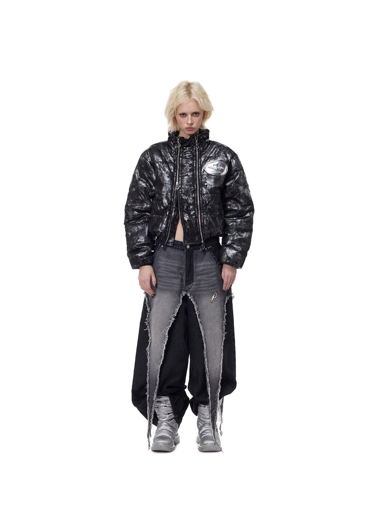 PINKSPINK ELECTRIC MOON reconstructed wide-leg jeans — front full-length styling with silver-black jacket