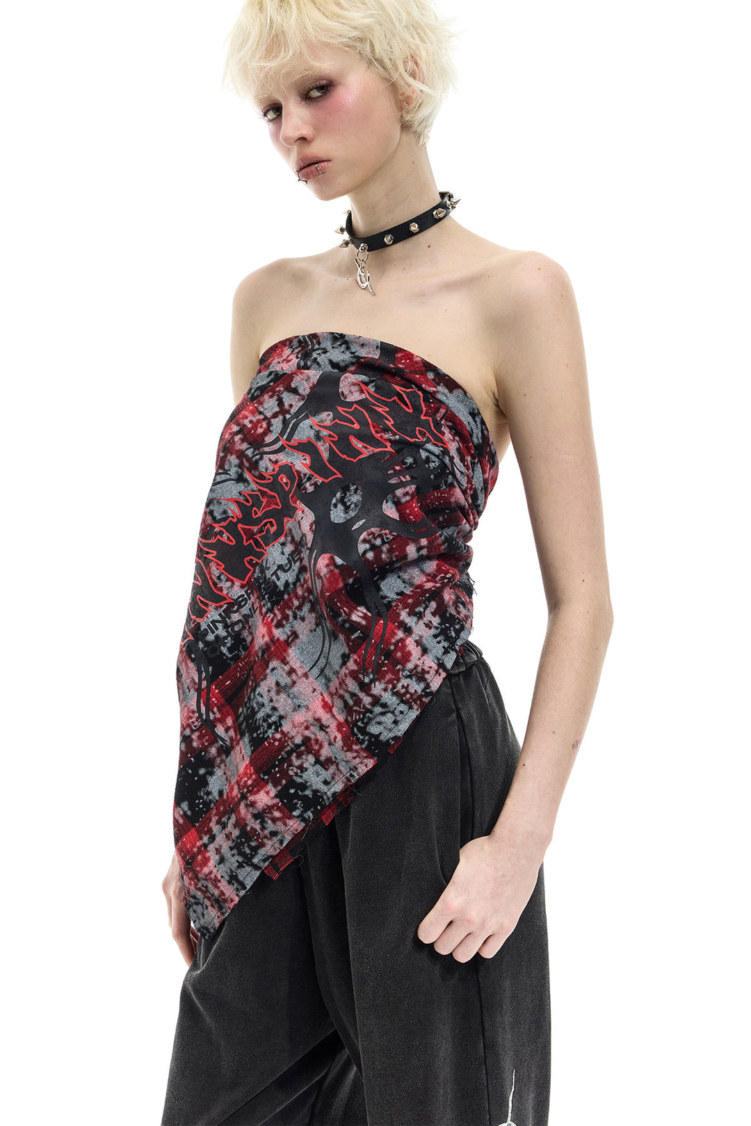 PINKSPINK REMAKE red-plaid bandana top / headscarf — modeled front styling view