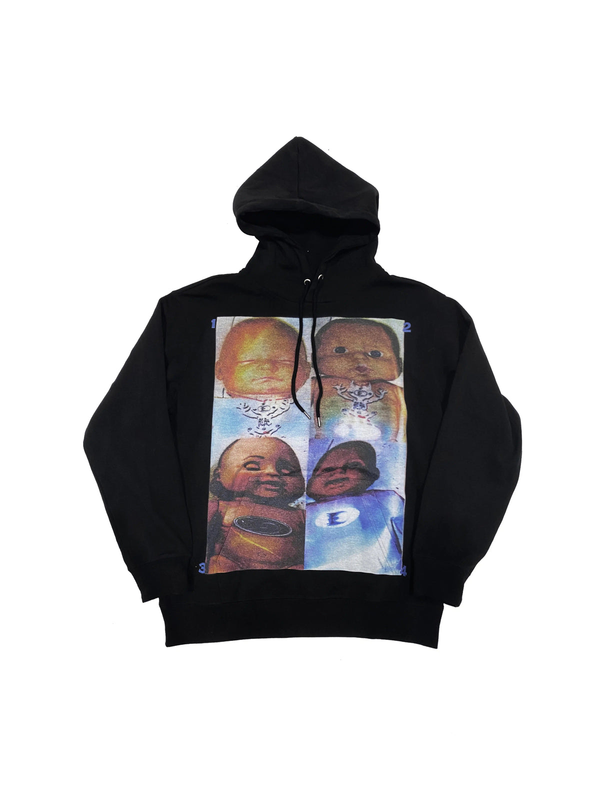EMBRYO ABCD FOUR CHILDREN black graphic hoodie — construction detail