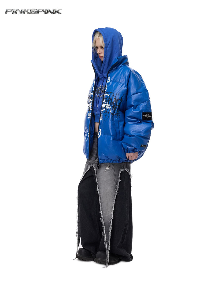 PINKSPINK MOTORBLOC padded faux-leather jacket — Klein blue full-length side view