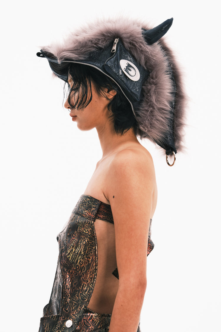 EMBRYO HORNFORM faux-fur hat & bag — construction detail