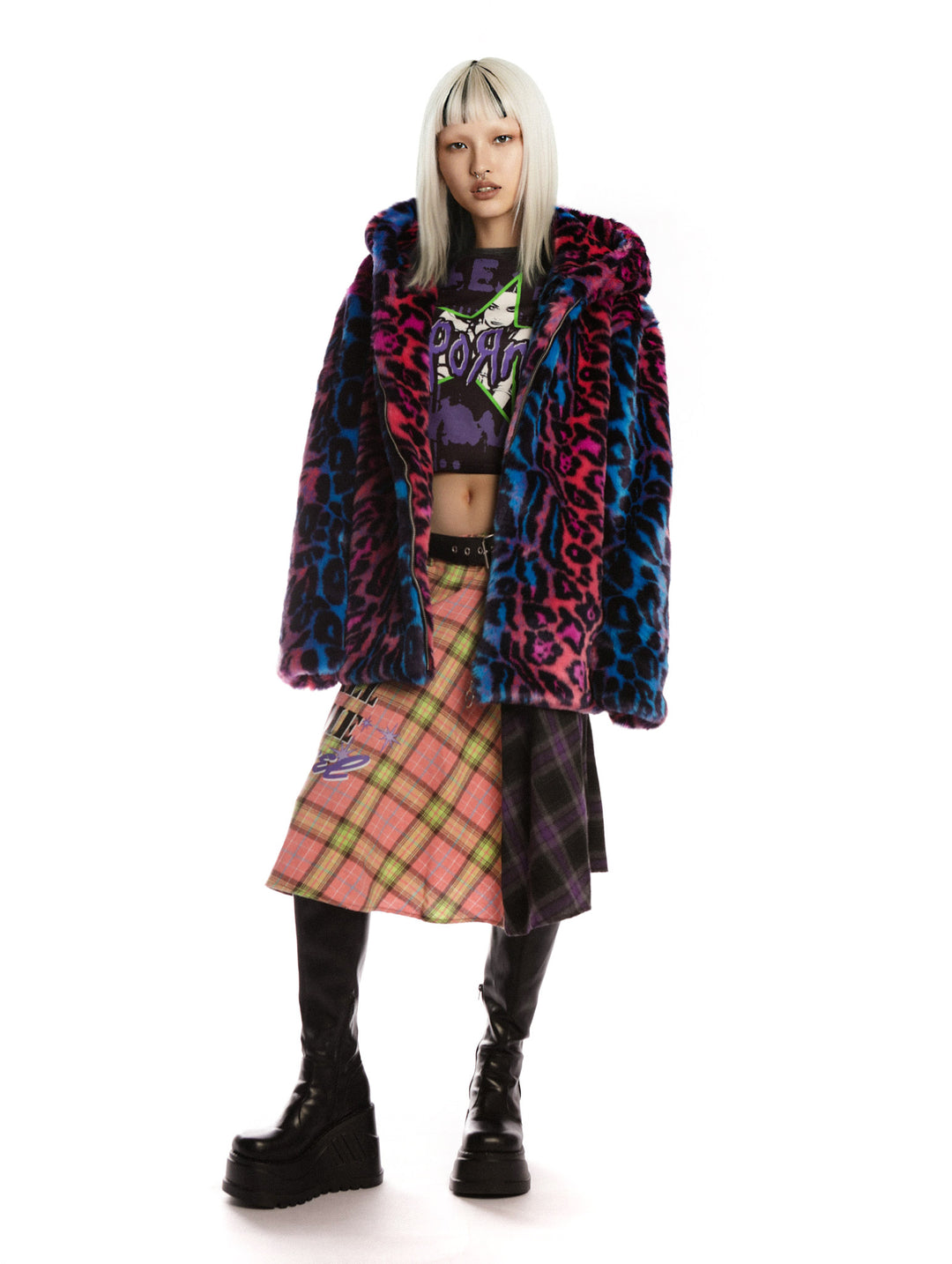 DeadEndKids leopard-print faux-fur hooded jacket in blue purple — full-length modeled view