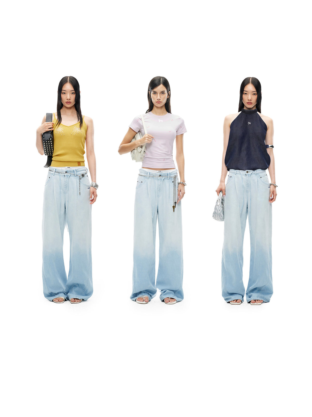 NAWS SUMMER VACATION hemp-blend wide-leg jeans — close modeled view highlighting the construction