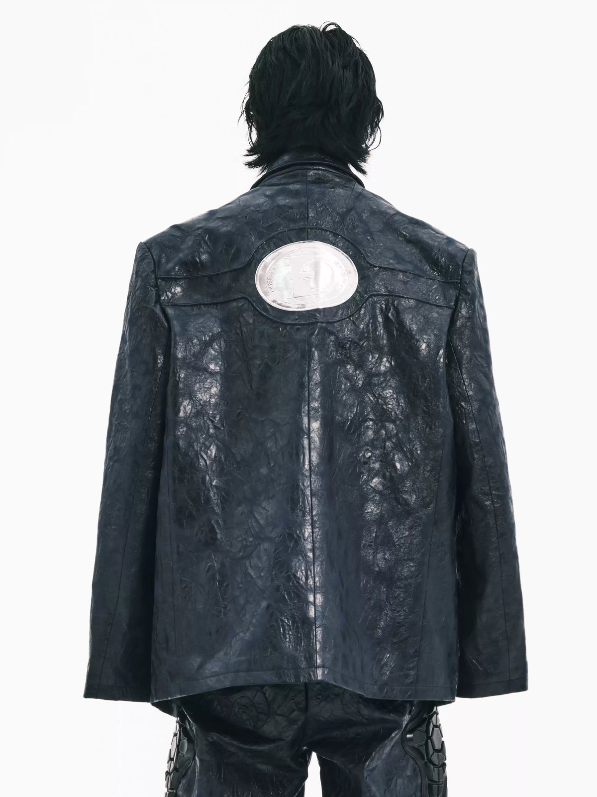 EMBRYO HORN CODE textured PU leather blazer — back modeled view