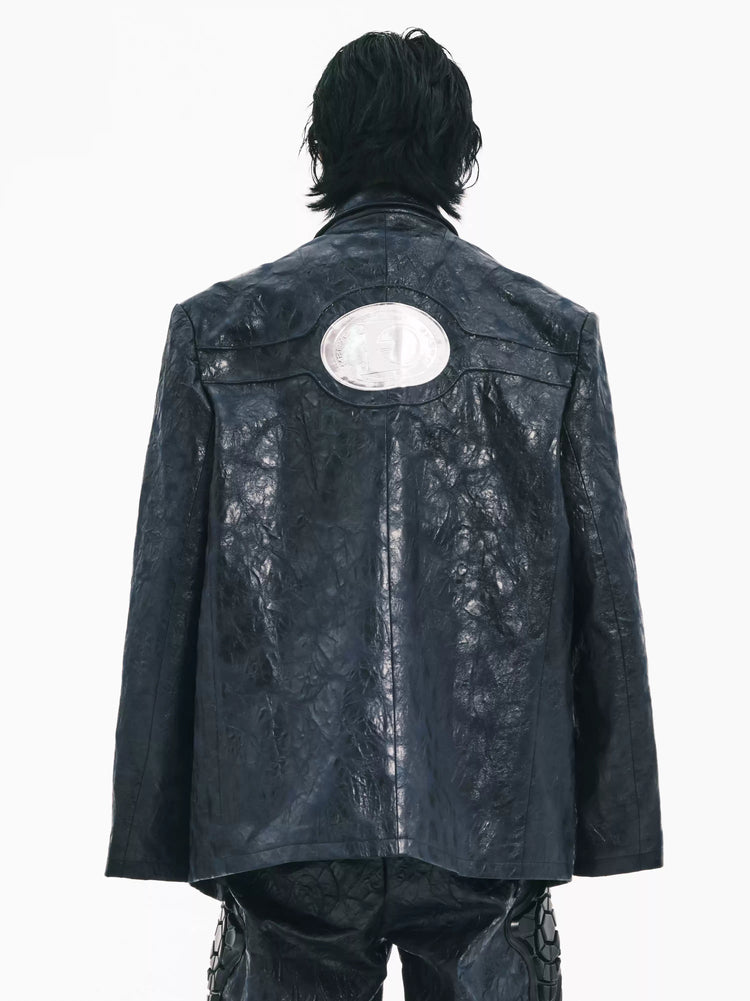 EMBRYO HORN CODE textured PU leather blazer — back modeled view