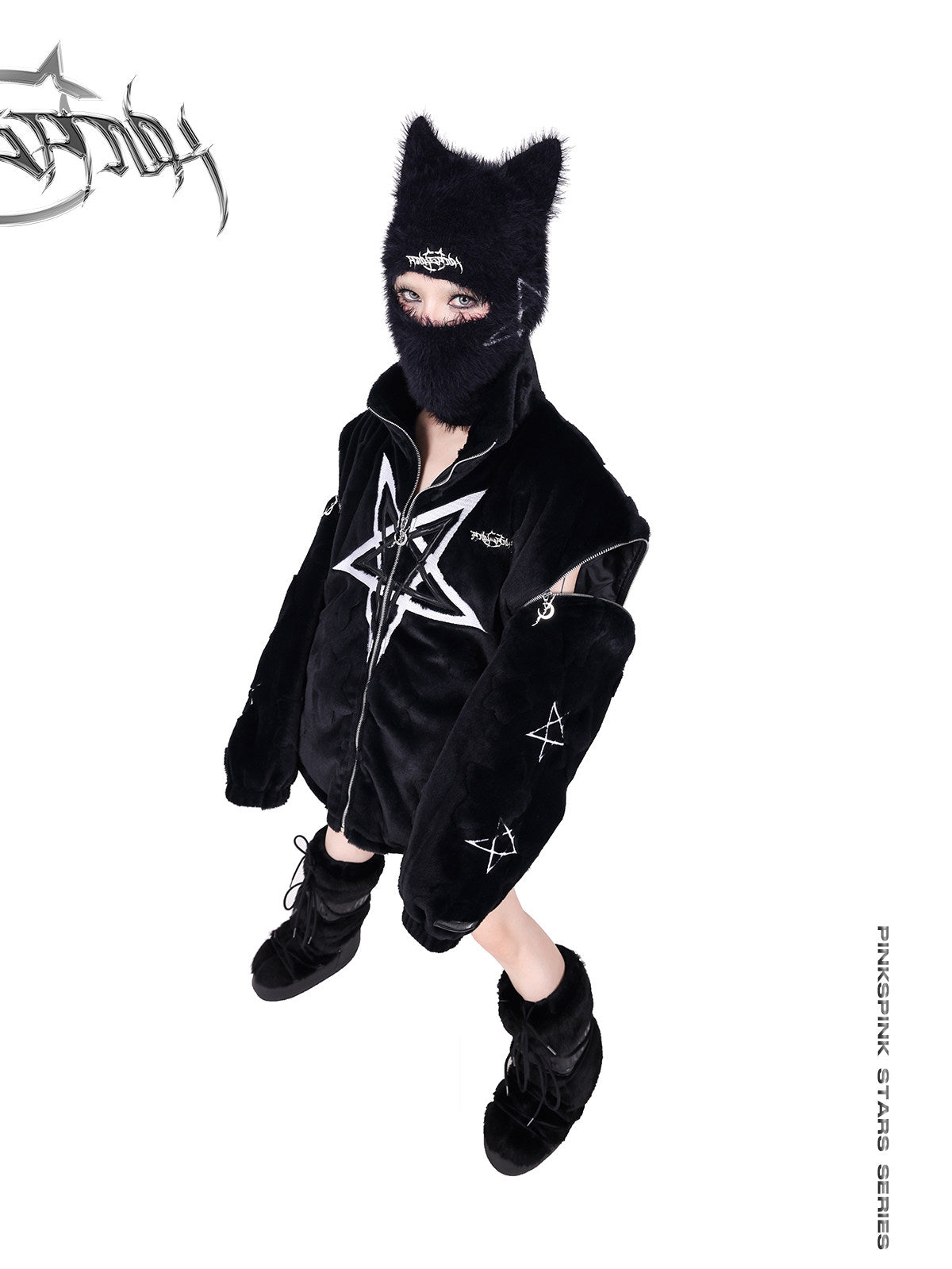 PINKSPINK PENTAGRAM cat-ear knit balaclava — modeled detail view of the garment construction