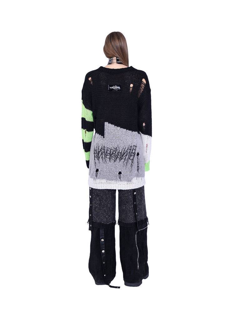PINKSPINK SPHYNX distressed striped graphic sweater — black-green graphic sweater — full-length back view