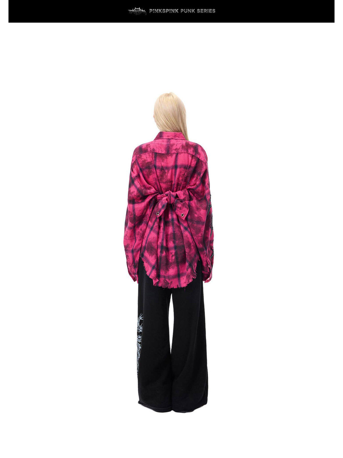 PINKSPINK ELECTRIC MOON distressed oversized plaid shirt in pink and black plaid — full-length back modeled view with a scarf tied over the shirt