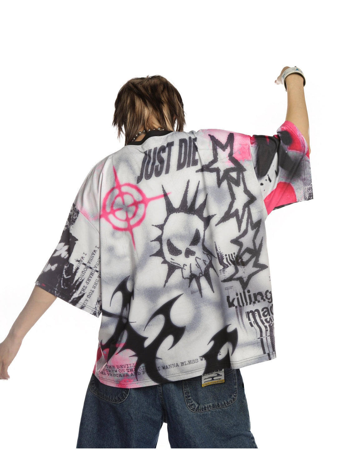 DEADENDKIDS BEAST RIOT oversized graphic tee — alternate modeled angle