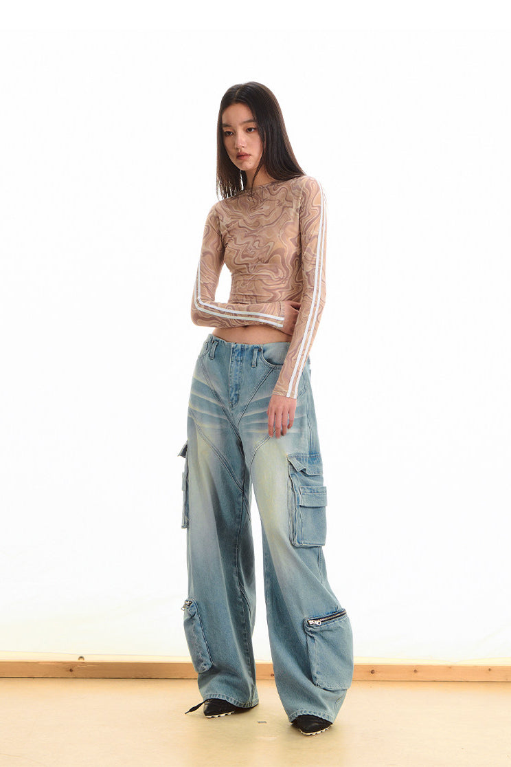NAWS QUICKSAND striped sheer mesh tee — modeled front styling view