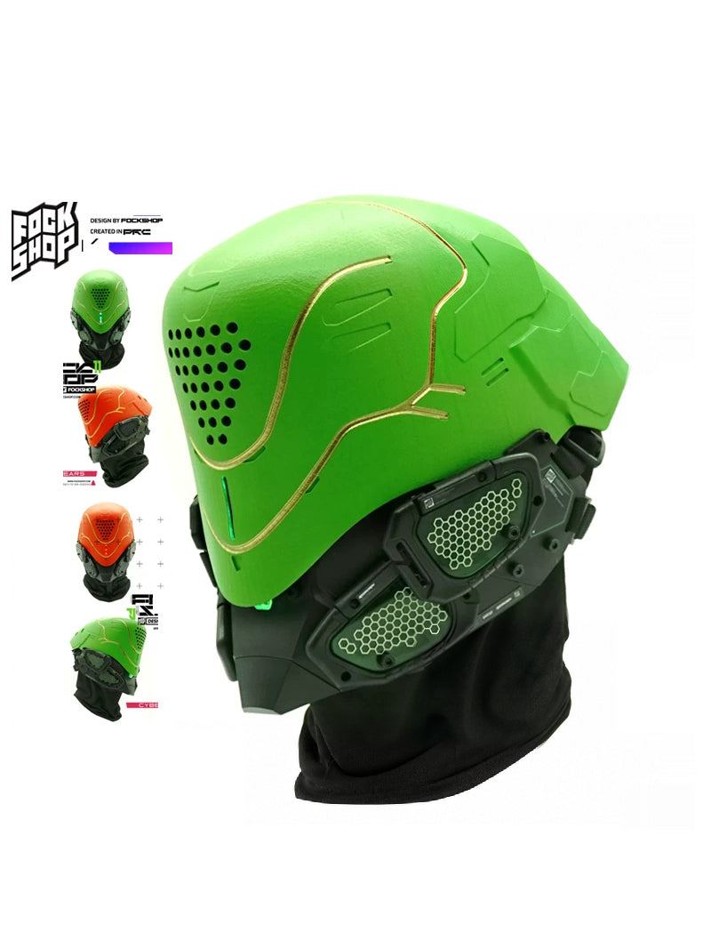 FOCKSHOP PROPHECY anniversary cyber mask — green cyber mask with four small green and orange product views