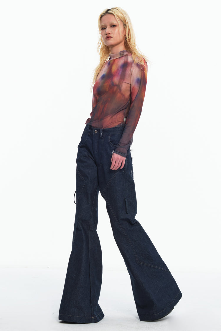 EMBRYO BONE FRAME low-rise flare pants & waist panel — rear modeled view