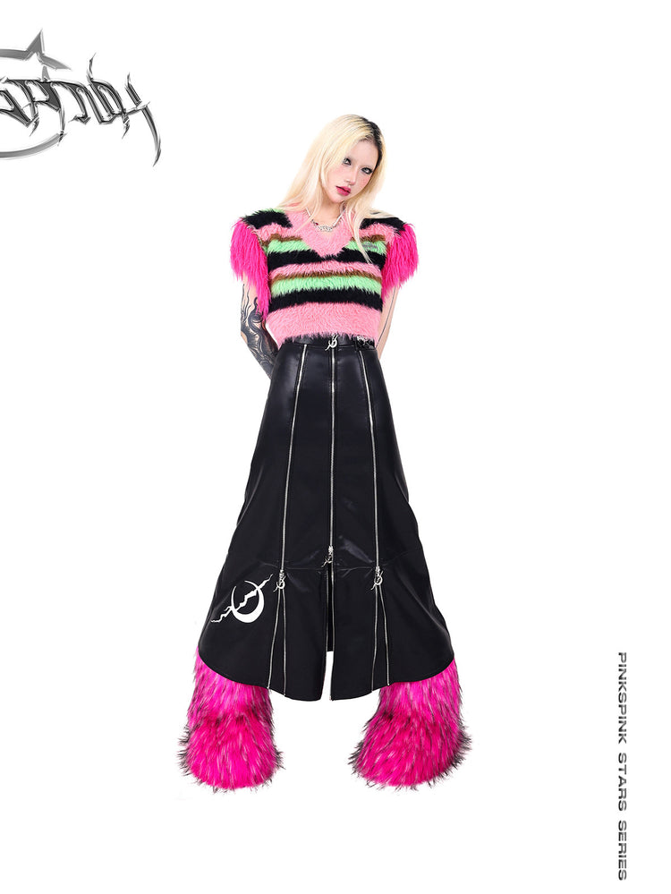 PINKSPINK ELECTRIC MOON zip-panel faux-leather maxi skirt — front full-length modeled view styled with a pink striped knit vest