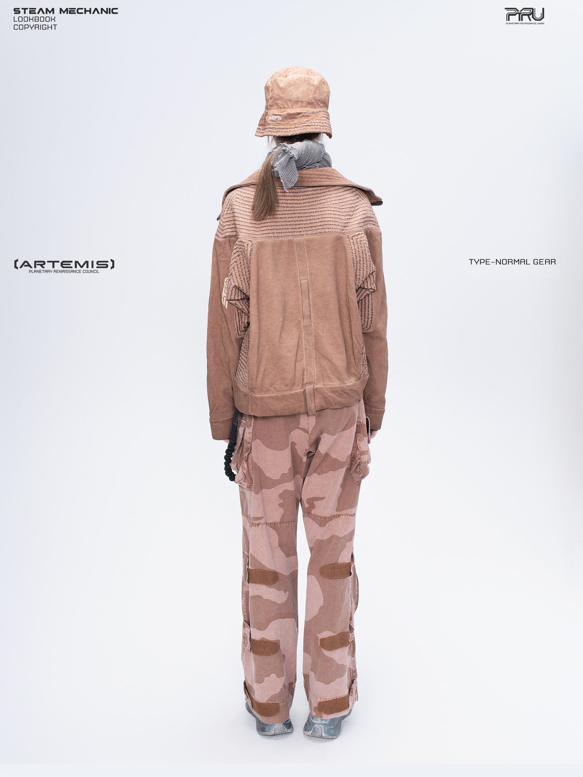 PIONEER venus orange distressed nylon bucket hat — full-length back view showing the brim logo
