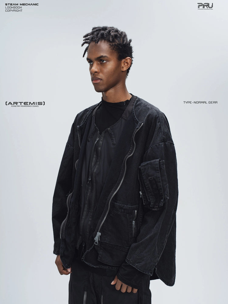 GAIA night black priest zip robe jacket — opposite three-quarter modeled view of the sleeve pocket and draped hem